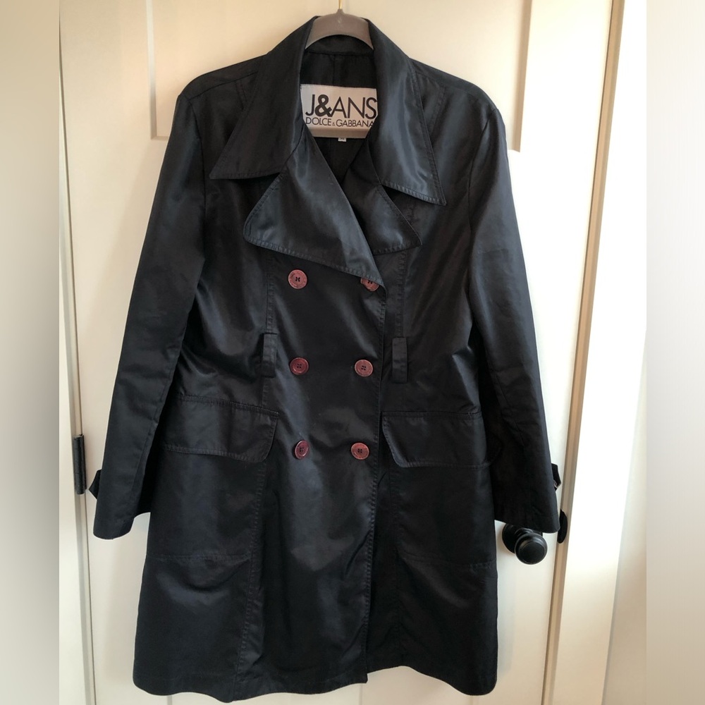 J&ans Dolce & Gabbana wide collar double breasted black trench rain nylon coat M